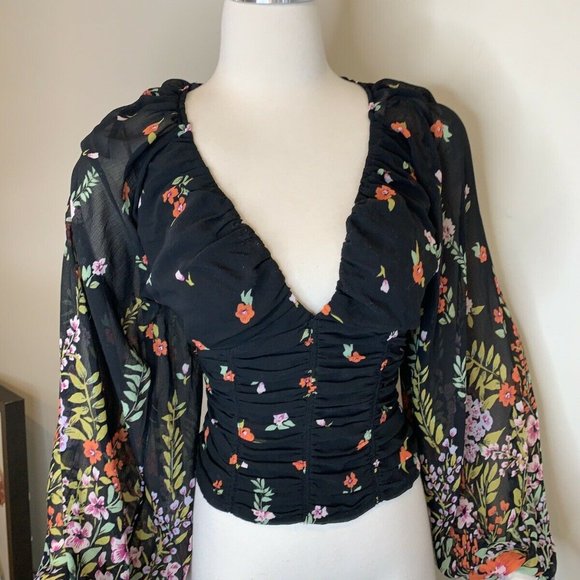 Free People Black Floral Blouse Smocked V Neck NWT - Picture 7 of 9